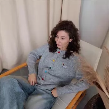 Женский осенне-зимний свитер с круглым вырезом и длинными рукавами с вышивкой в виде щенка one size fits all серый