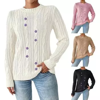 Женский осенне-зимний свитер с круглым вырезом, нижняя часть рубашки, вышитый цветочной аппликацией L чёрный