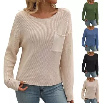 Женский осенне-зимний свитер с круглым вырезом и карманами с длинными рукавами M чёрный