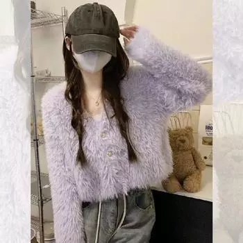 Женский осенне-зимний свитер с мягким липким эффектом, плюшевый короткий топ, куртка-кардиган Senior Sense of Skinny One size светло-фиолетовый