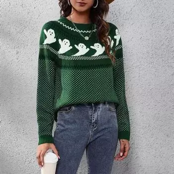 Женский осенне-зимний свитер с мультяшным призрачным принтом и длинным рукавом, с вырезом в стиле Хэллоуина, с круглым вырезом, вязаный толстый мягкий пуловер соответствующего цвета S оранжевый