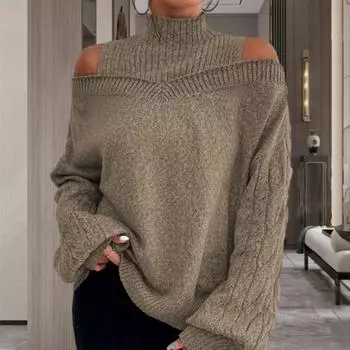 Женский осенне-зимний свитер с открытыми плечами и длинным рукавом с воротником до половины, сплошной цвет, свободный вязаный пуловер, эластичный мягкий теплый женский топ M хаки