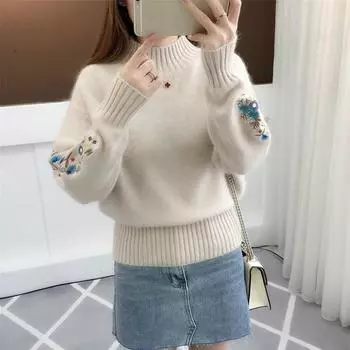 Женский осенне-зимний свитер с принтом, теплый утепленный свитер с длинными рукавами и водолазкой, свитер с воротником S