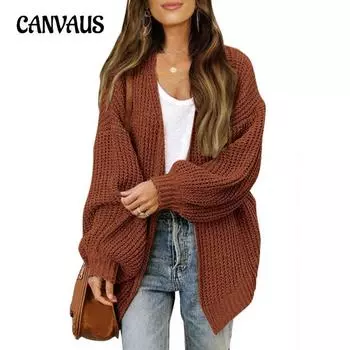 Женский осенне-зимний свитер с рукавами-фонариками и карманами больших размеров, вязаный кардиган S бежевый
