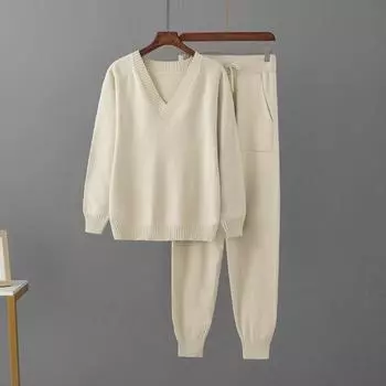 Женский осенне-зимний свитер с V-образным вырезом, комплект из двух предметов, вязаные брючные костюмы, модные повседневные пуловеры, спортивные костюмы, верхняя одежда One size абрикосовый
