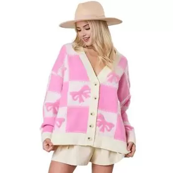 Женский осенне-зимний свитер с v-образным вырезом и длинным рукавом, однобортный вязаный свитер с бантом, клетчатый свитер с принтом S горячий розовый