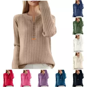 Женский осенне-зимний свитер с V-образным вырезом, свободный свитер с длинным рукавом, однотонный трикотажный топ с полосками на пуговицах, модная блузка S зелёный