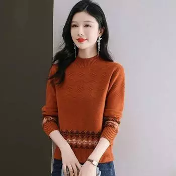 Женский осенне-зимний свитер с воротником-стойкой свободного кроя для верхней одежды - Жаккардовый узор Теплый вязаный базовый топ S