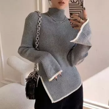 Женский осенне-зимний свитер с высоким воротником и защитой шеи, вязаный нерегулярный разделенный подол, сплошной цвет с длинным рукавом, эластичный мягкий теплый пуловер, женский топ серый