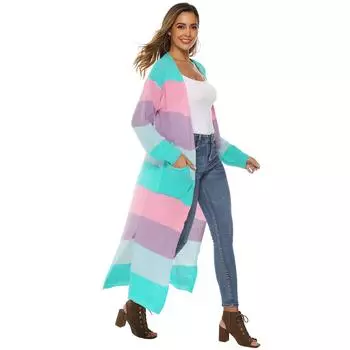 Женский осенне-зимний свитер смешанных цветов с контрастными полосками, утолщенный S синий/розовый