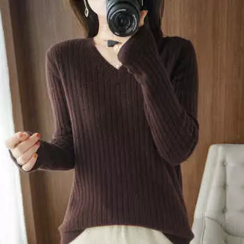 Женский осенне-зимний свитер свободного кроя корейской версии, большой размер, топ с V-образным вырезом, стильный базовый вязаный свитер S