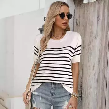 Женский осенне-зимний свитер свободного покроя с короткими рукавами и круглым вырезом в полоску S белый