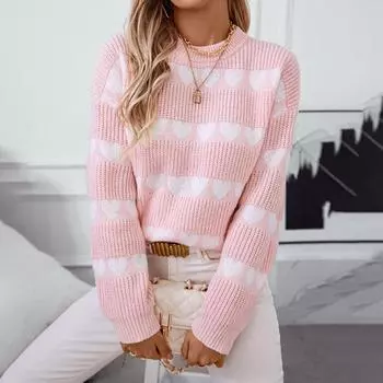 Женский осенне-зимний свитер, свободный повседневный свитер с круглым вырезом контрастного цвета S розовый