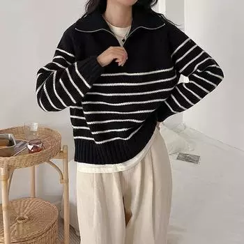 Женский осенне-зимний свитер в полоску с застежкой-молнией на половину длины, свободный свитер с высоким воротом, универсальный вязаный свитер в ленивом стиле one size розовый