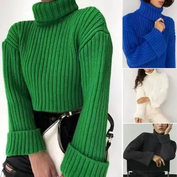 Женский осенне-зимний свитер, вязаный толстый однотонный теплый эластичный пуловер с высоким воротником, защита шеи, женский свитер с длинными рукавами L белый