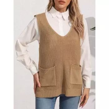 Женский осенне-зимний свитер-жилет с двойным карманом и V-образным вырезом в стиле пэчворк One size хаки