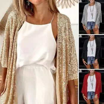 Женский осенне-зимний свободный кардиган, пальто с открытой передней частью и длинными рукавами, блестящая верхняя одежда с блестками, вечерние блестящая шаль, куртка M