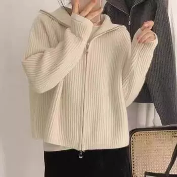 Женский осенне-зимний свободный кардиган с двойной молнией и лацканами average size серый