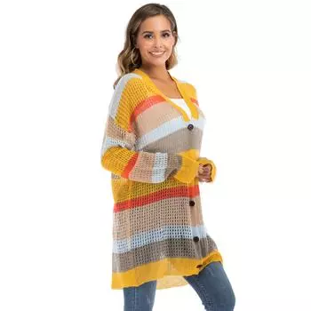 Женский осенне-зимний свободный кардиган с V-образным вырезом и цветными полосками, плетеный однобортный джемпер Collision Skeleton one size жёлтый