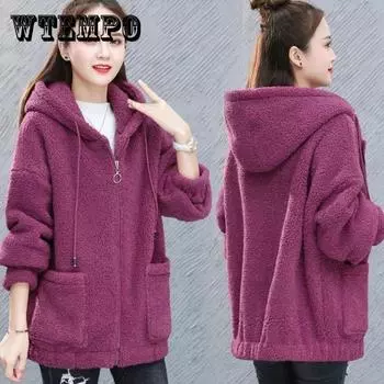 Женский осенне-зимний свободный кашемировый кардиган на молнии, однотонное пальто из утолщенной шерсти ягненка с капюшоном