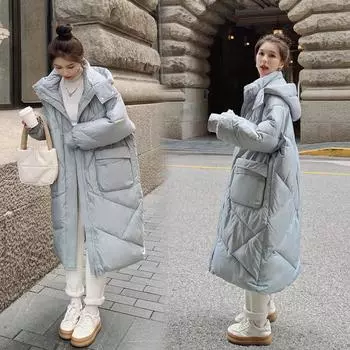 Женский осенне-зимний свободный модный пуховик среднего и длинного утолщенного пальто длиной до колена с капюшоном, однотонное хлопковое пальто M чёрный