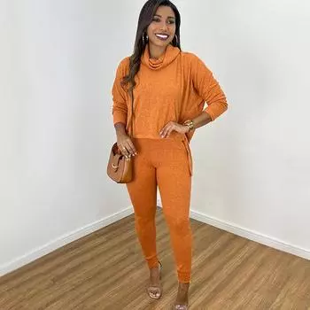Женский осенне-зимний свободный модный топ с высоким воротником и длинными рукавами, узкие брюки с высокой талией, повседневный комплект S оранжевый