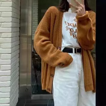 Женский осенне-зимний свободный однотонный вязаный джемпер с V-образным вырезом average size абрикосовый