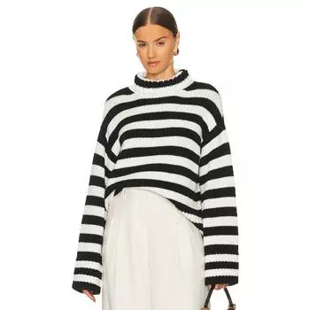 Женский осенне-зимний свободный полосатый свитер с высоким воротом и длинными рукавами S чёрный