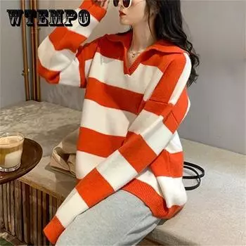 Женский осенне-зимний свободный полосатый свитер, вязаные свитера с воротником-поло One Size