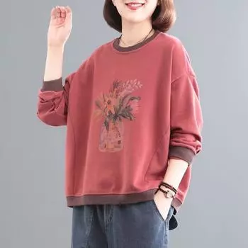 Женский осенне-зимний свободный пуловер с модным принтом в стиле casual с капюшоном M кирпич красный