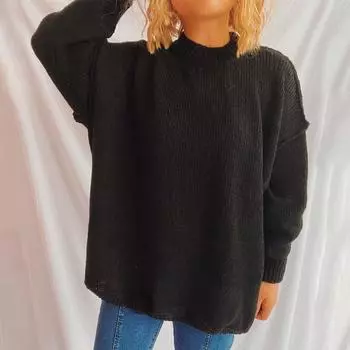 Женский осенне-зимний свободный свитер-пуловер, модный свитер с длинными рукавами и круглым вырезом, с обратным кроем L чёрный