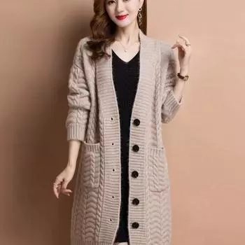 Женский осенне-зимний свободный свитер средней длины с литературным принтом, однотонный вязаный кардиган-жакет Lazy Wind 2XL кофейный