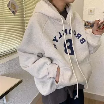 Женский осенне-зимний свободный топ с буквенным принтом и толстым плюшевым капюшоном M серый