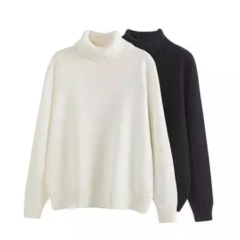 Женский осенне-зимний свободный трикотажный свитер с высоким воротом и длинным рукавом M чёрный