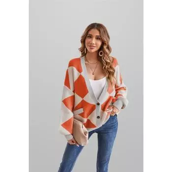 Женский осенне-зимний свободный вязаный кардиган с V-образным вырезом и плетением в сетку Color Collision S хаки