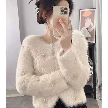 Женский осенне-зимний свободный вязаный кардиган с жемчужными пуговицами и искусственным мехом норки one size [80-120] абрикосовый