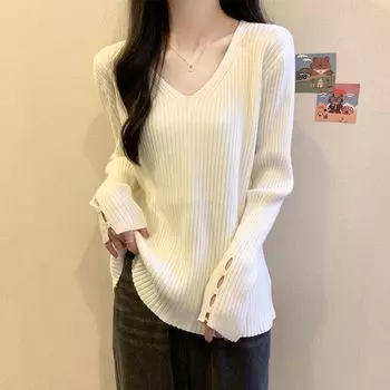 Женский осенне-зимний свободный вязаный свитер с однотонным простым топом с v-образным вырезом M белый