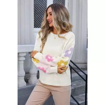 Женский осенне-зимний свободный вязаный свитер с цветочным принтом и однотонным воротником S белый