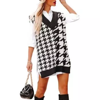 Женский осенне-зимний свободный вязаный свитер с V-образным вырезом в клетку чиби S белый/чёрный