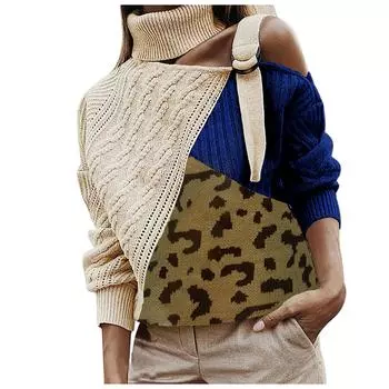 Женский осенне-зимний свободный вязаный свитер с леопардовым принтом и контрастной строчкой, длинными рукавами и воротником-стойкой, одна сторона, без бретелек XL синий