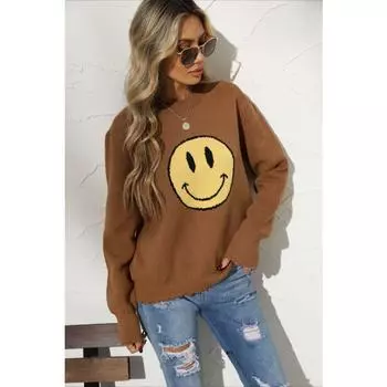 Женский осенне-зимний темпераментный свободный вязаный джемпер с круглым вырезом и смайликом S абрикосовый