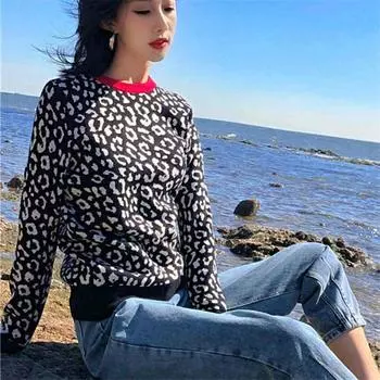 Женский осенне-зимний теплый леопардовый свитер, вязаный джемпер, топ One Size чёрный