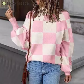 Женский осенне-зимний теплый свитер с круглым вырезом в клетку Color Collision S розовый