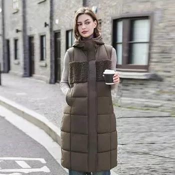 Женский осенне-зимний теплый жилет средней длины с капюшоном 2XL