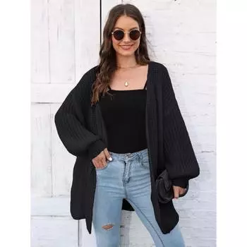 Женский осенне-зимний тканый кардиган, свободный повседневный свитер average size чёрный