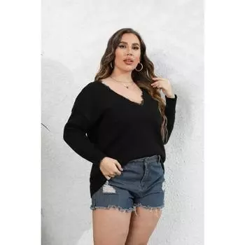 Женский осенне-зимний тканый свитер большого размера с кружевным сращиванием и V-образным вырезом S чёрный