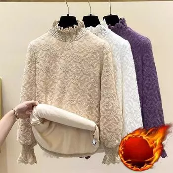 Женский осенне-зимний толстый кружевной модный шикарный низ однотонный полувысокий ворот пэчворк длинный рукав пуловер тонкий топ XXXXL белый