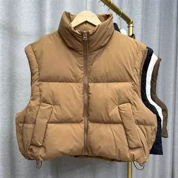 Женский осенне-зимний толстый свободный терможилет без рукавов с воротником-стойкой и карманом из белого утиного пуха S бежевый