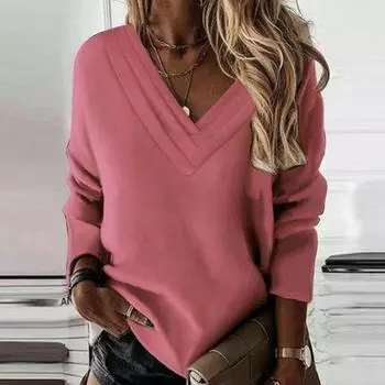 Женский осенне-зимний топ, многослойный V-образный вырез, однотонный, толстый, теплый, с длинным рукавом, мягкий дышащий, свободный пуловер, повседневная женская блузка, толстовка 2XL вино красного