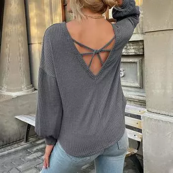 Женская футболка-пуловер с о-образным вырезом и длинным рукавом с открытой спиной и трикотажем S